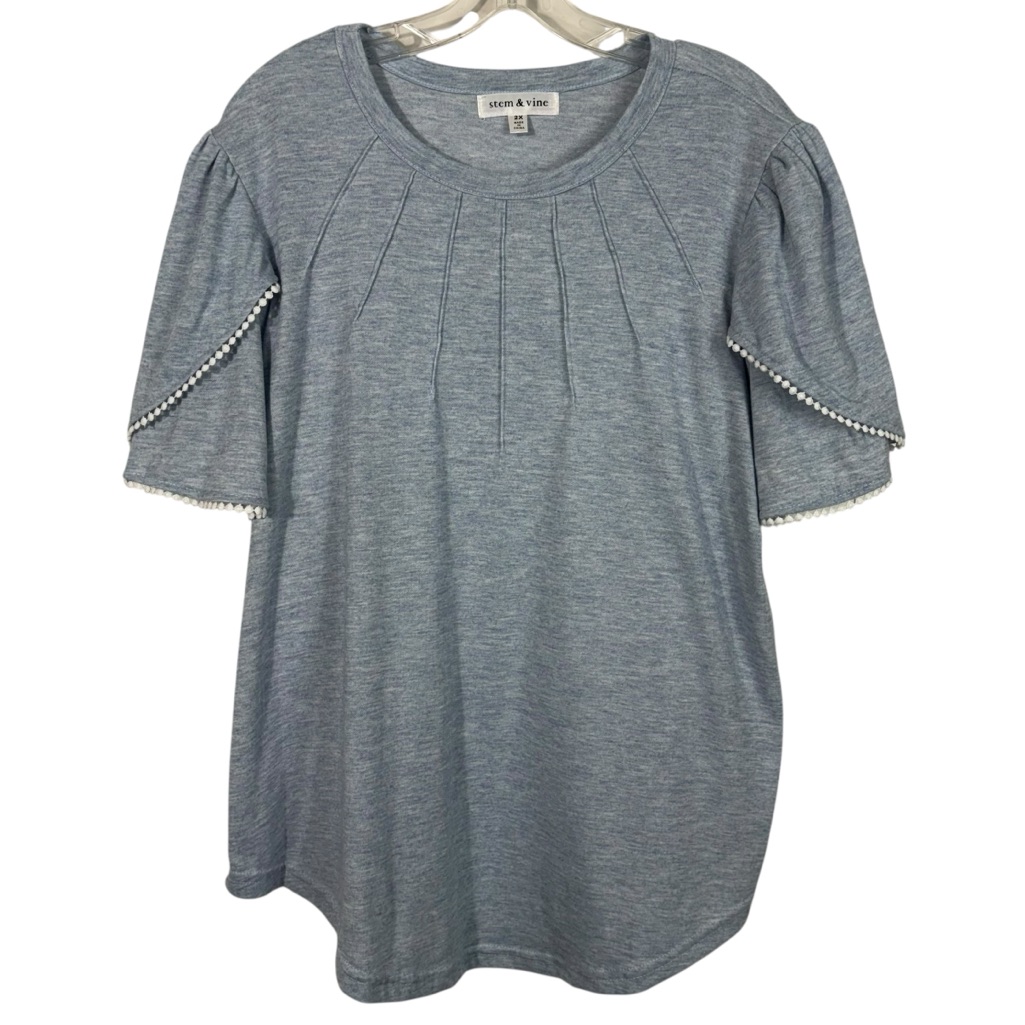 Stem & Vine Pastel Blue Pompom Sleeve Pleated Blouse Plus Size 2x Travel Spring
